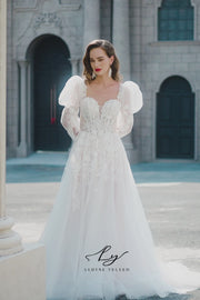 Vintage - Inspired Puff Sleeve Lace Tulle Wedding Dress with Sweetheart Neckline