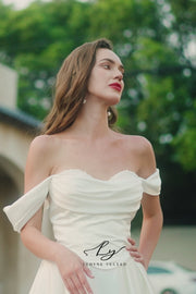 Elegant Pearl Embellished Neckline with Off-The-Shoulder Satin Wedding Dress