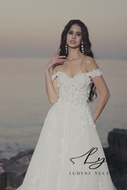 Fairy-like Off-The-Shoulder 3D Floral Wedding Dress