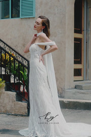 Stunning Fit-and-Flare Lace Wedding Dress with Detachable Chiffon Drape