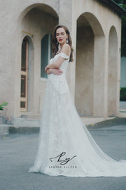 Unique Plunge Neckline with Off-The-Shoulder Lace Wedding Gown
