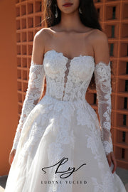 Regal Strapless A-Line Floral Wedding Dress With Luxurious Lace Sleeves