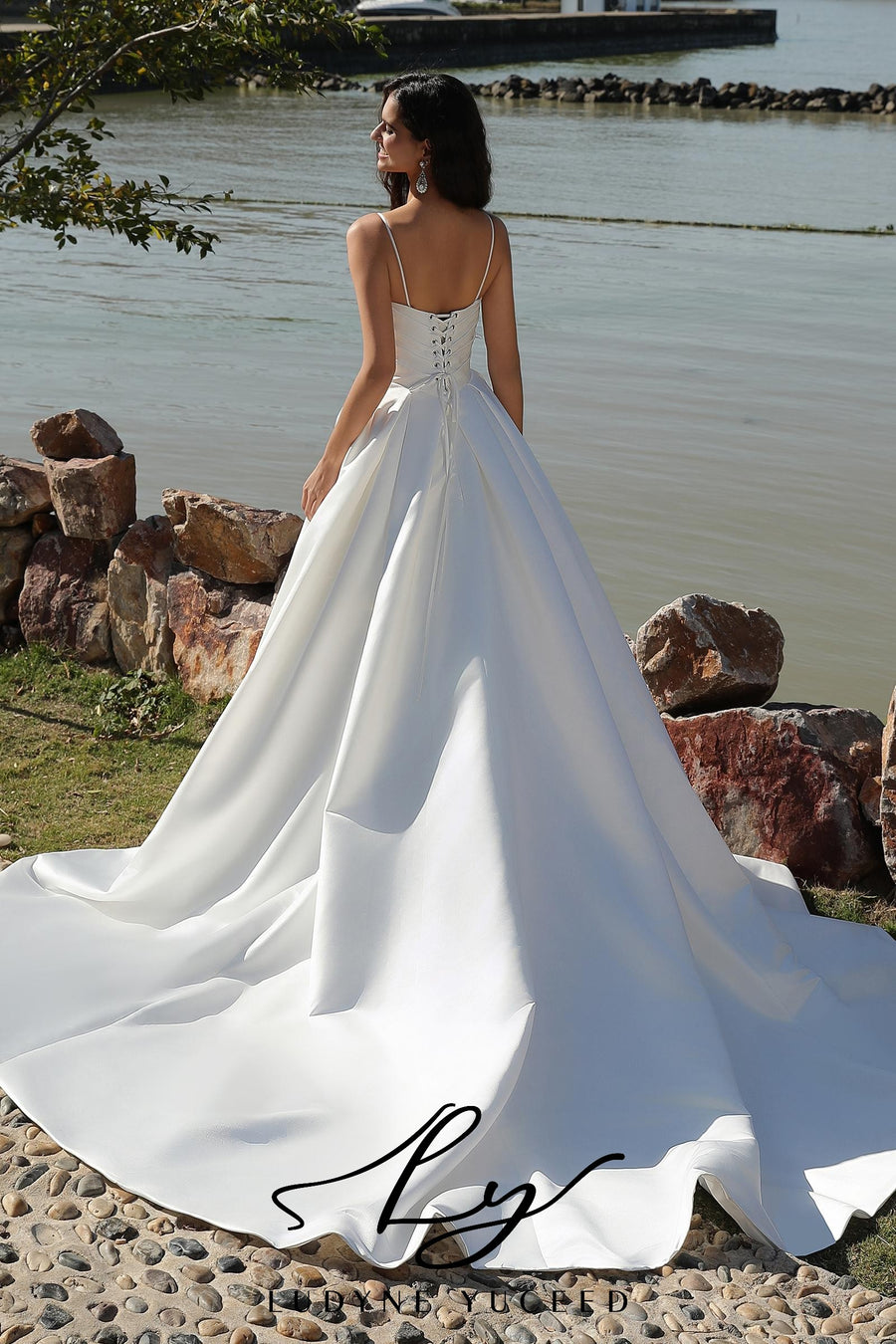 Basque Themed Spaghetti Strap Satin Ball Gown