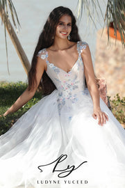 Colorful Floral-Accented A-Line Wedding Dress With Cap Sleeves