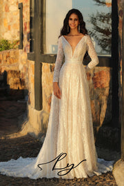 Boho A-Line V Neckline Long Sleeve Wedding Dress