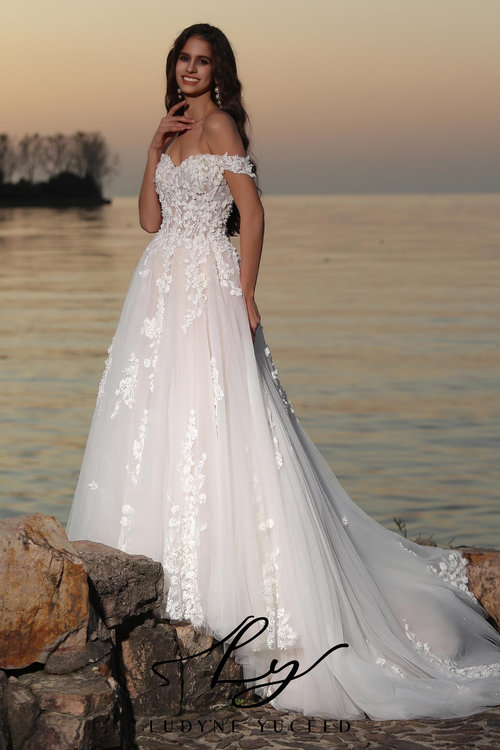 Fairy-like Off-The-Shoulder 3D Floral Wedding Dress