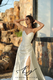 Crepe Pointed Neckline Bridal Gown And Detachable Overskirt