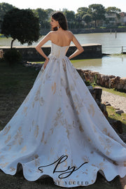 Vestido de novia de organza floral 3D sin tirantes con mangas desmontables