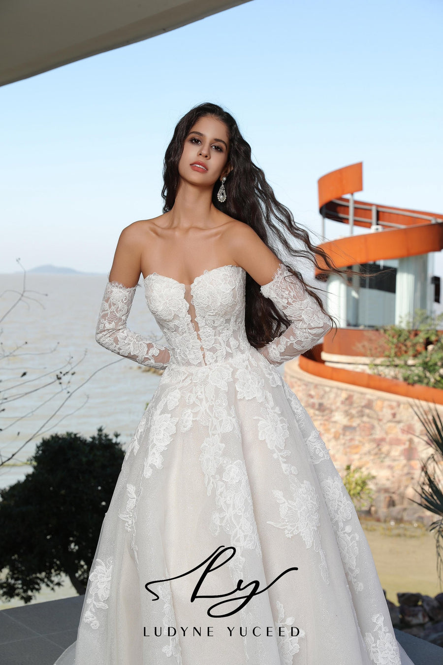 Regal Strapless A-Line Floral Wedding Dress With Luxurious Lace Sleeves