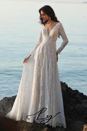 Boho A-Line V Neckline Long Sleeve Wedding Dress