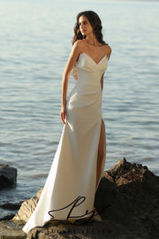 Crepe Pointed Neckline Bridal Gown And Detachable Overskirt