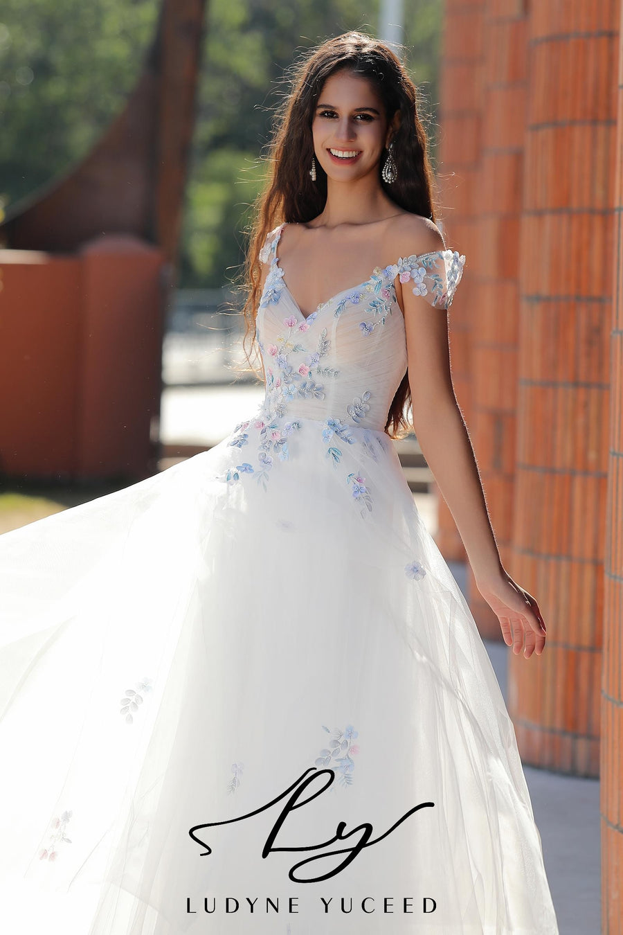 Colorful Floral-Accented A-Line Wedding Dress With Cap Sleeves