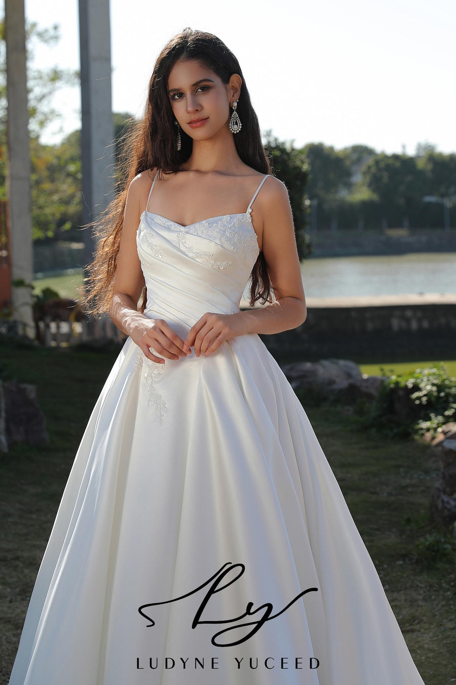 Basque Themed Spaghetti Strap Satin Ball Gown