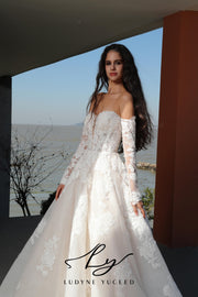 Regal Strapless A-Line Floral Wedding Dress With Luxurious Lace Sleeves