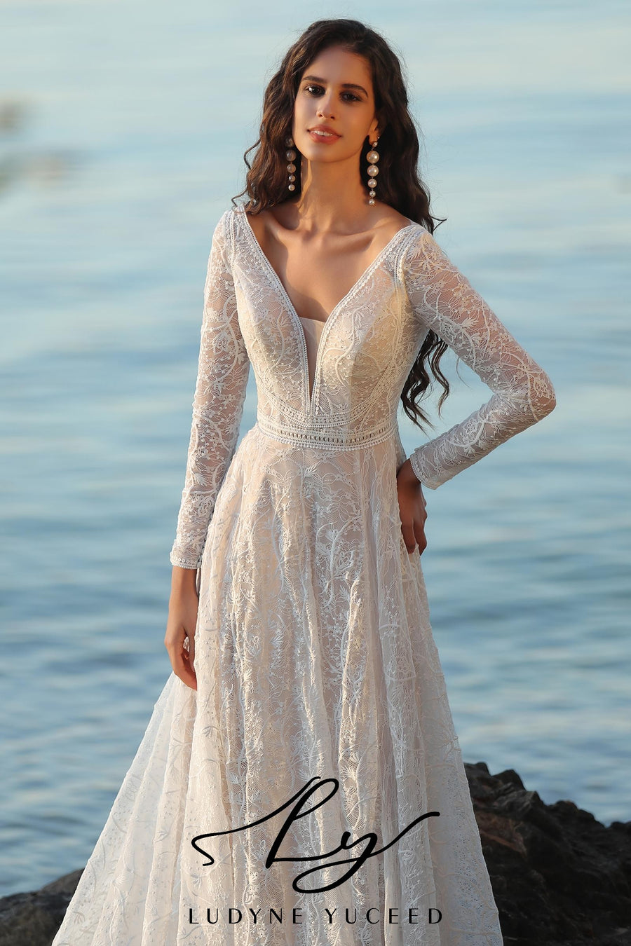 Boho A-Line V Neckline Long Sleeve Wedding Dress