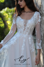 Ethereal Long-Sleeved A-Line Wedding Gown With Intricate Floral Embroidery