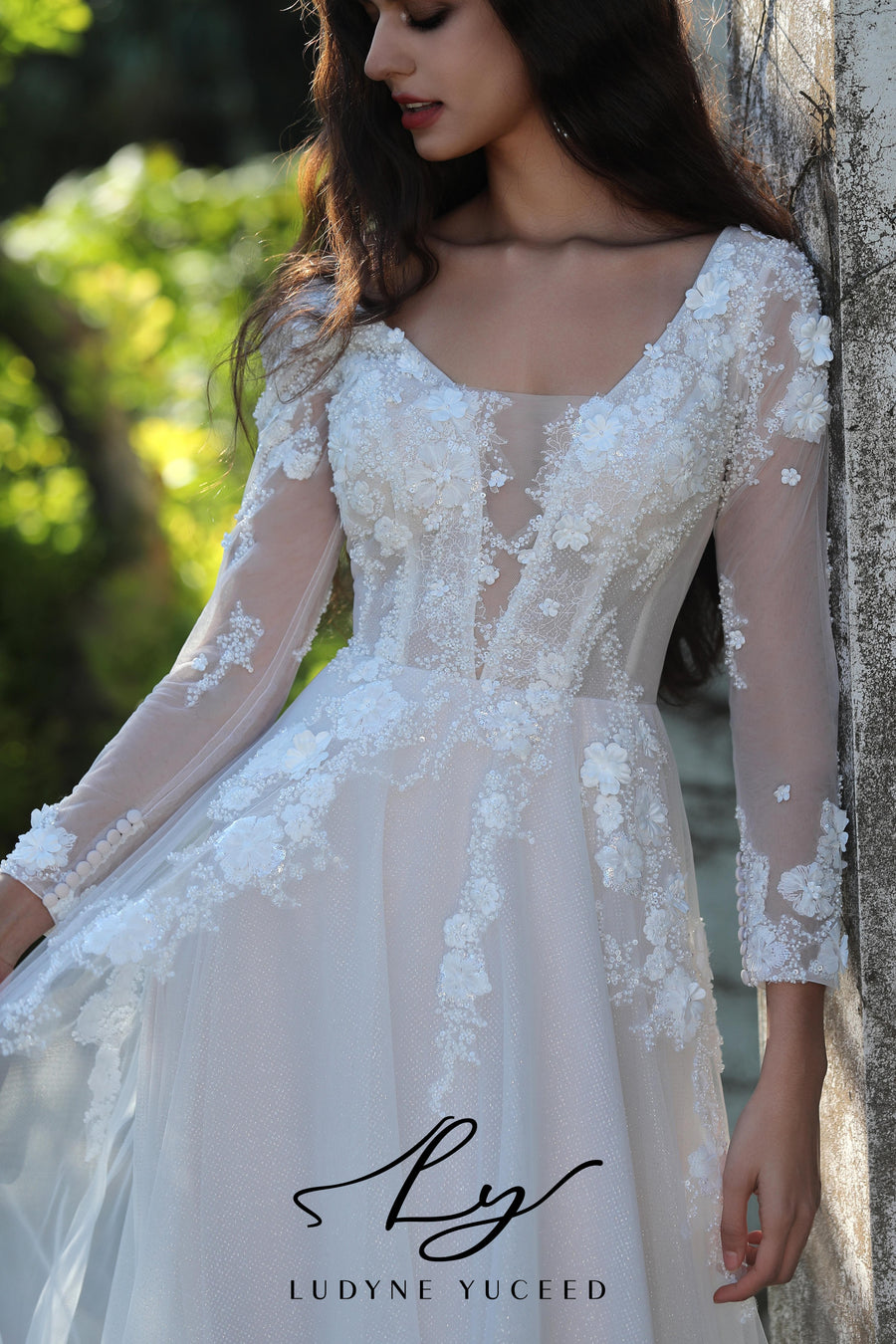 Ethereal Long-Sleeved A-Line Wedding Gown With Intricate Floral Embroidery