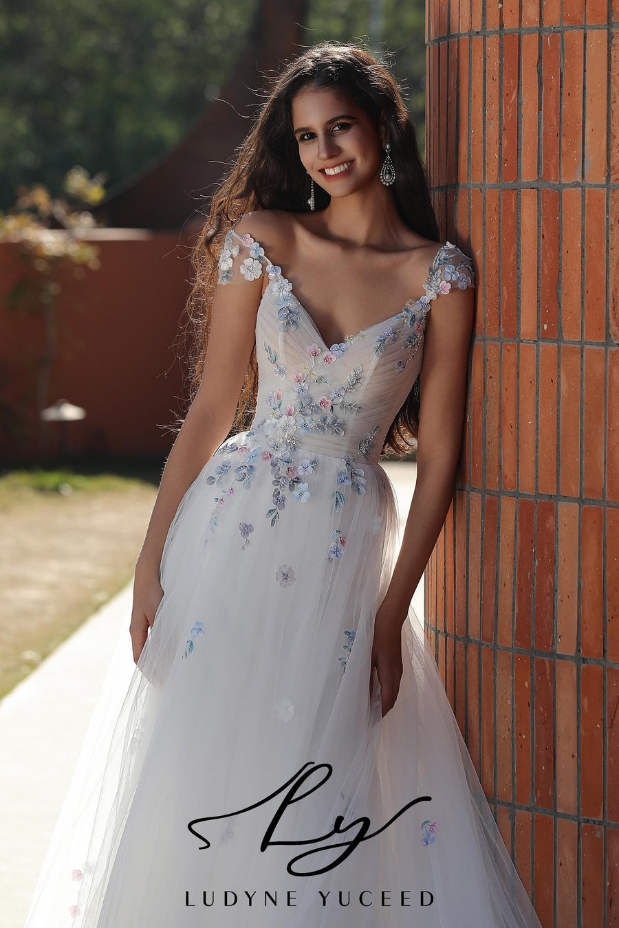 Colorful Floral-Accented A-Line Wedding Dress With Cap Sleeves