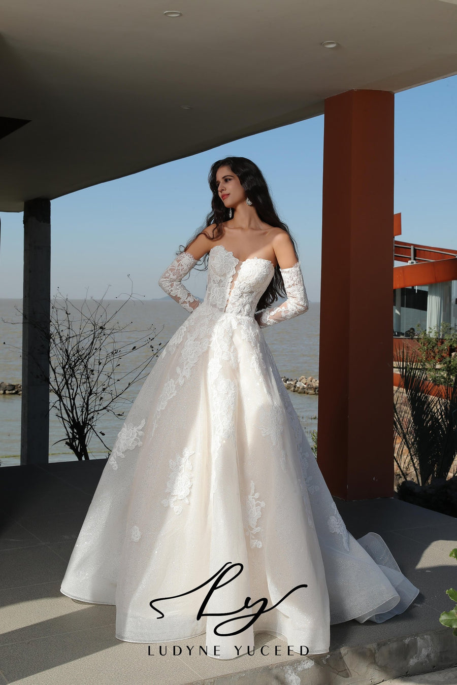 Regal Strapless A-Line Floral Wedding Dress With Luxurious Lace Sleeves