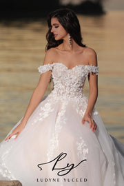 Fairy-like Off-The-Shoulder 3D Floral Wedding Dress