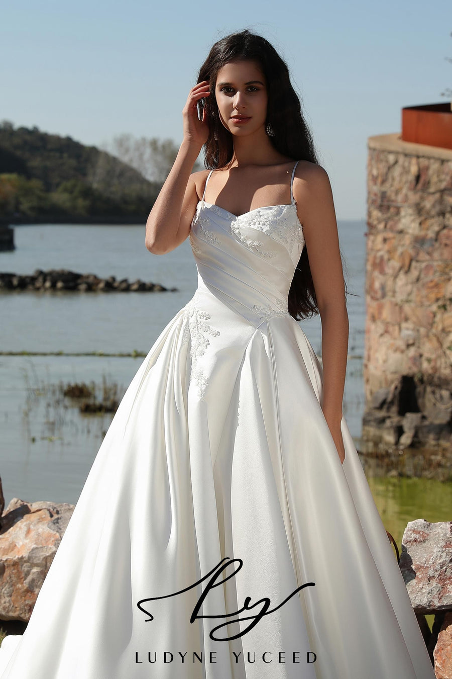 Basque Themed Spaghetti Strap Satin Ball Gown