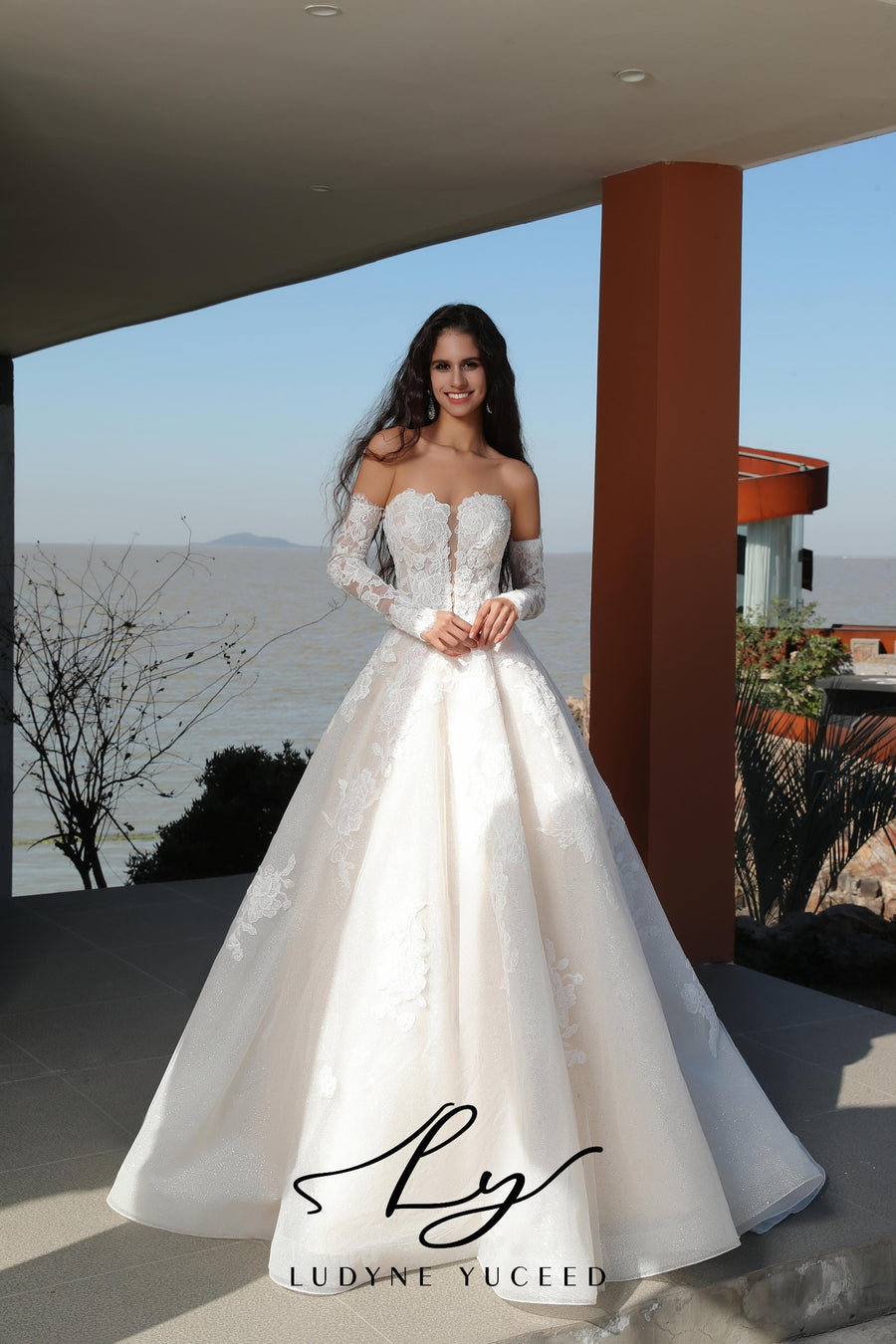 Regal Strapless A-Line Floral Wedding Dress With Luxurious Lace Sleeves