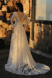 In Stock|Boho A-Line V Neckline Long Sleeve Wedding Dress