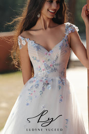 Colorful Floral-Accented A-Line Wedding Dress With Cap Sleeves