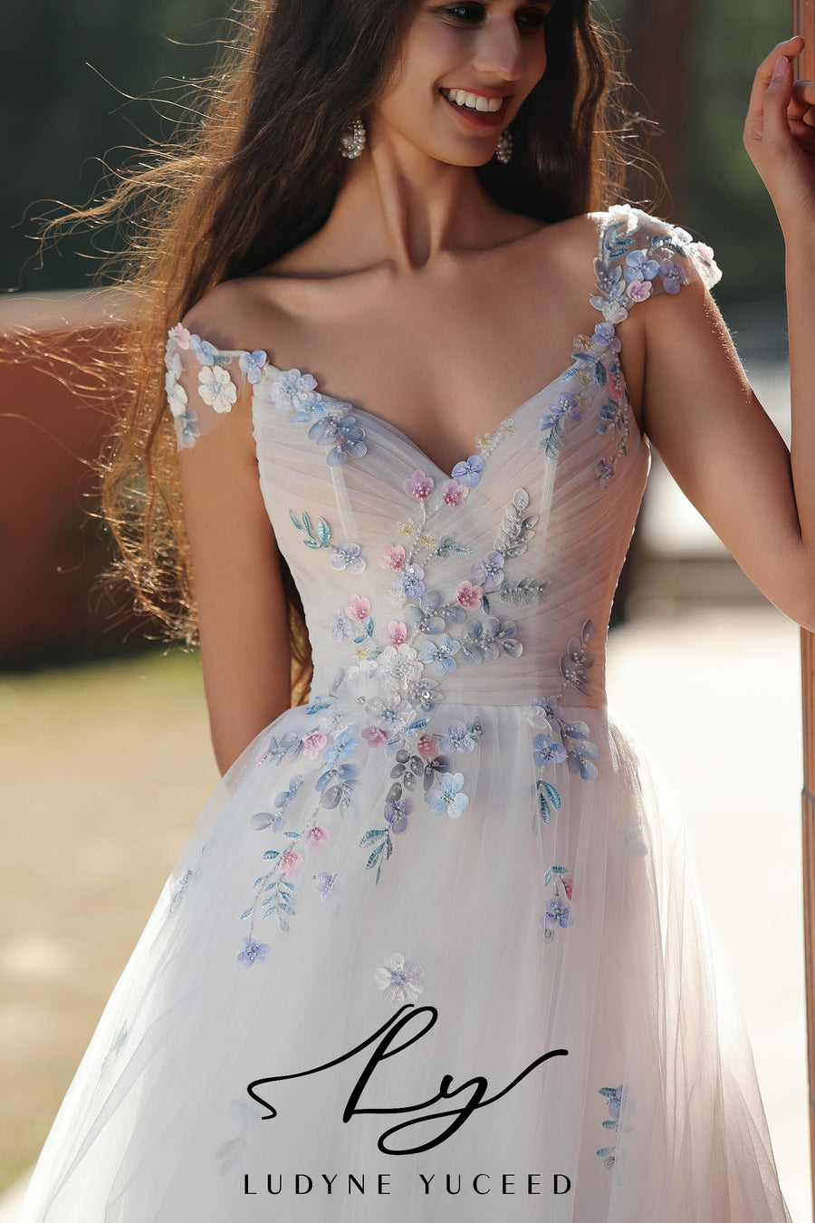 Colorful Floral-Accented A-Line Wedding Dress With Cap Sleeves