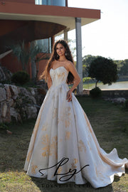 Vestido de novia de organza floral 3D sin tirantes con mangas desmontables