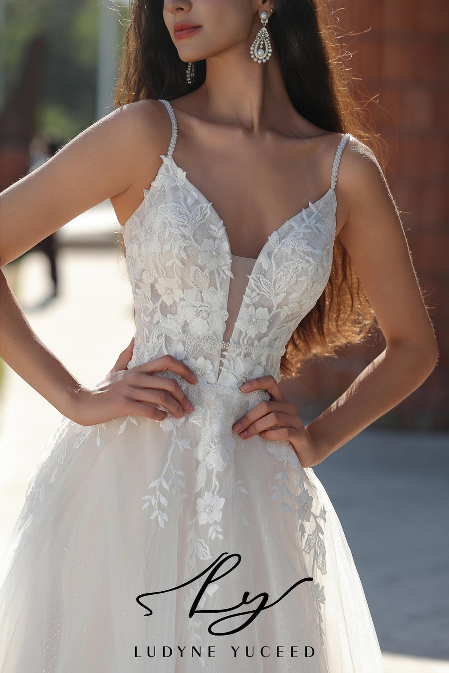 Alluring Spaghetti Strap Intricate Floral Lace Wedding Gown