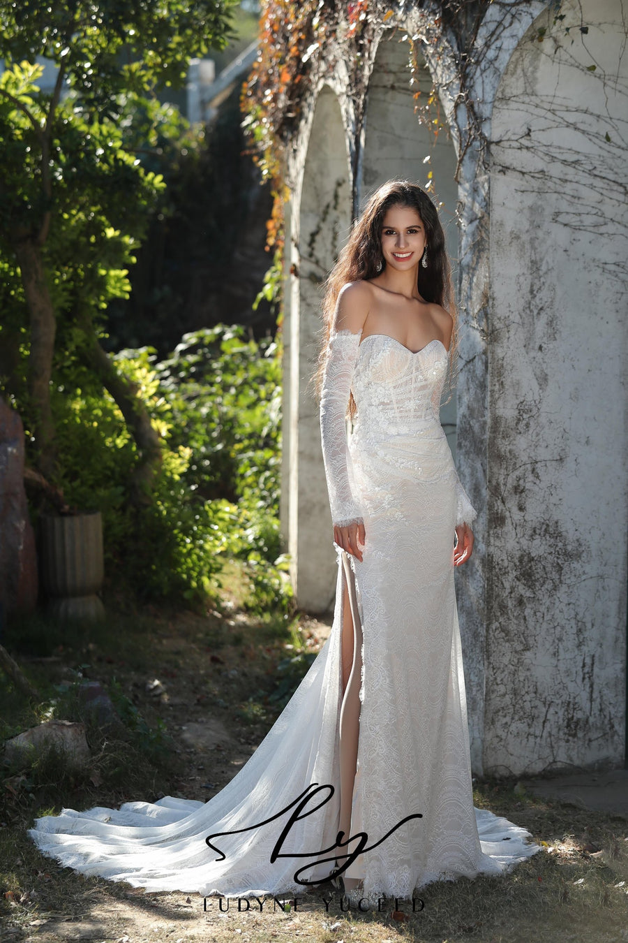 Sexy Slit Embroidered Lace Wedding Dress