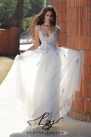 Colorful Floral-Accented A-Line Wedding Dress With Cap Sleeves