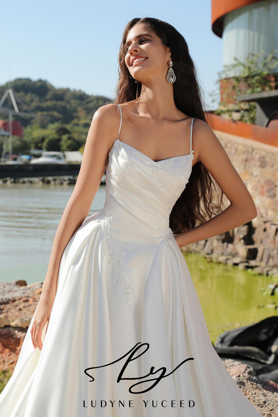 Basque Themed Spaghetti Strap Satin Ball Gown