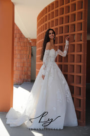 Regal Strapless A-Line Floral Wedding Dress With Luxurious Lace Sleeves