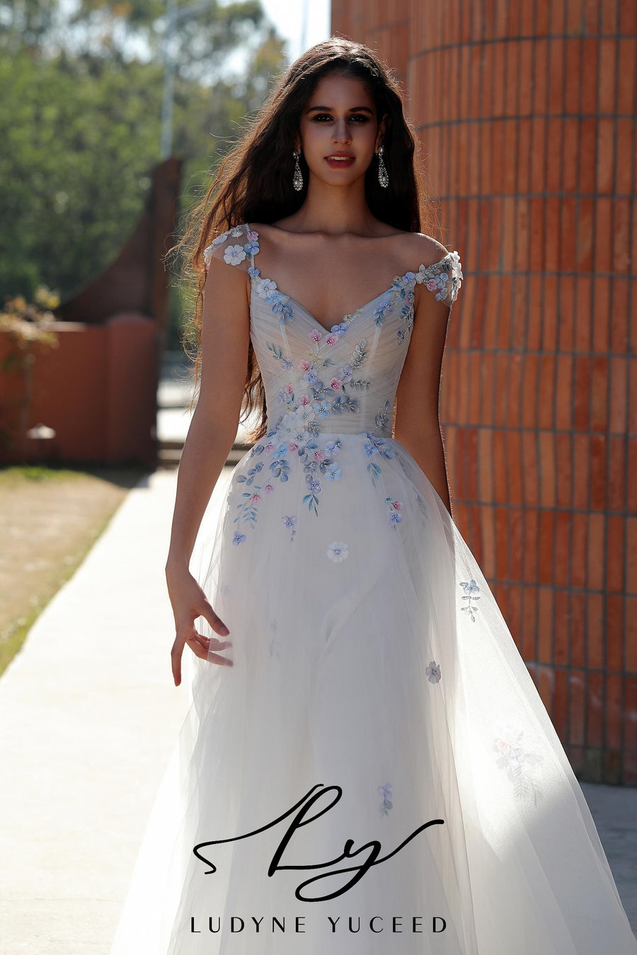 Colorful Floral-Accented A-Line Wedding Dress With Cap Sleeves