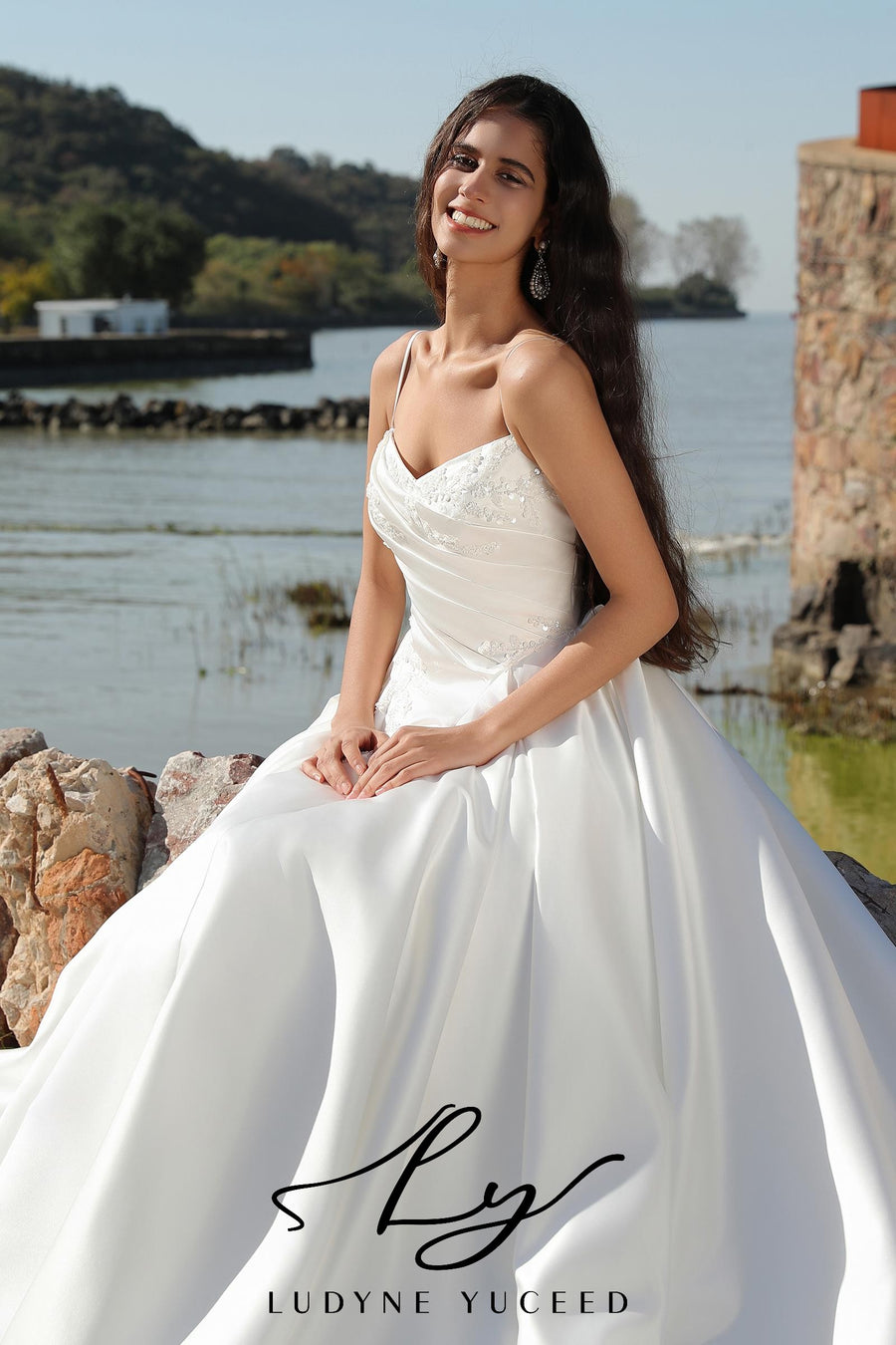 Basque Themed Spaghetti Strap Satin Ball Gown