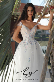 Colorful Floral-Accented A-Line Wedding Dress With Cap Sleeves