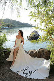 Crepe Pointed Neckline Bridal Gown And Detachable Overskirt