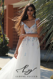 In Stock|Colorful Floral-Accented A-Line Wedding Dress With Cap Sleeves